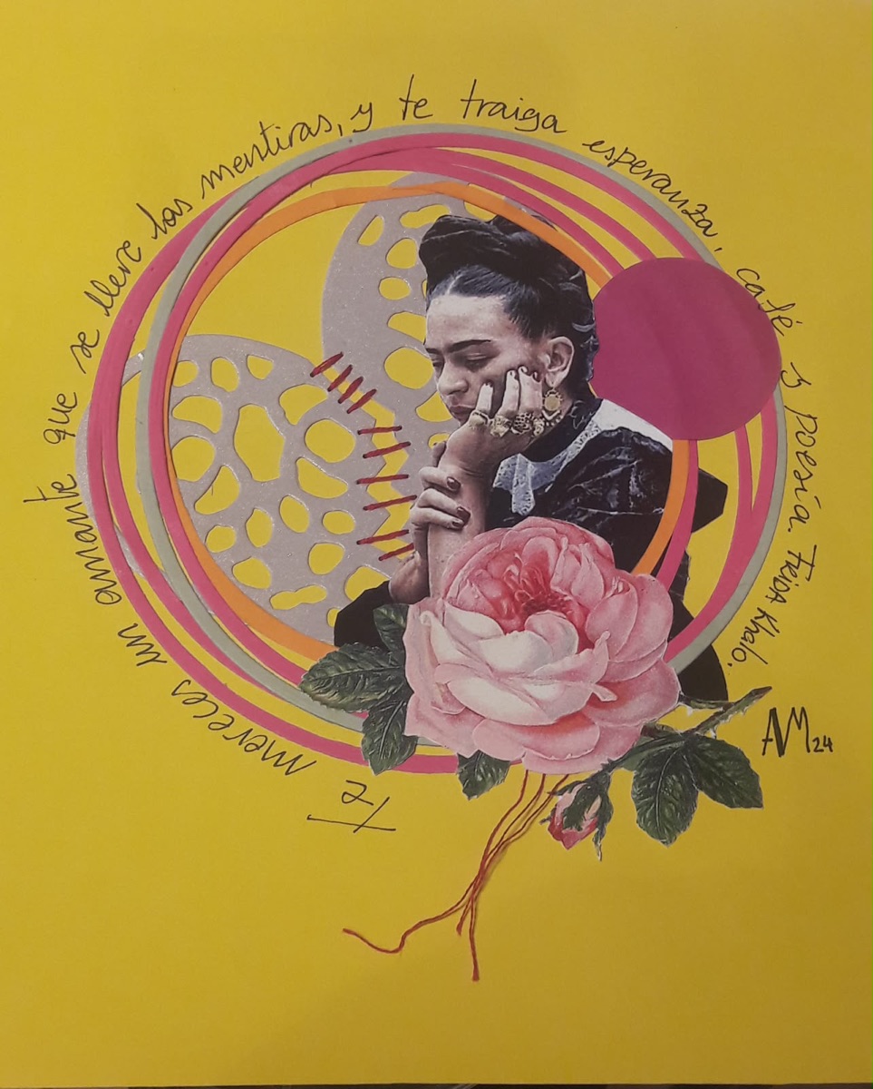 Collage con retrato de Frida Kahlo, rosa y círculos sobre fondo amarillo