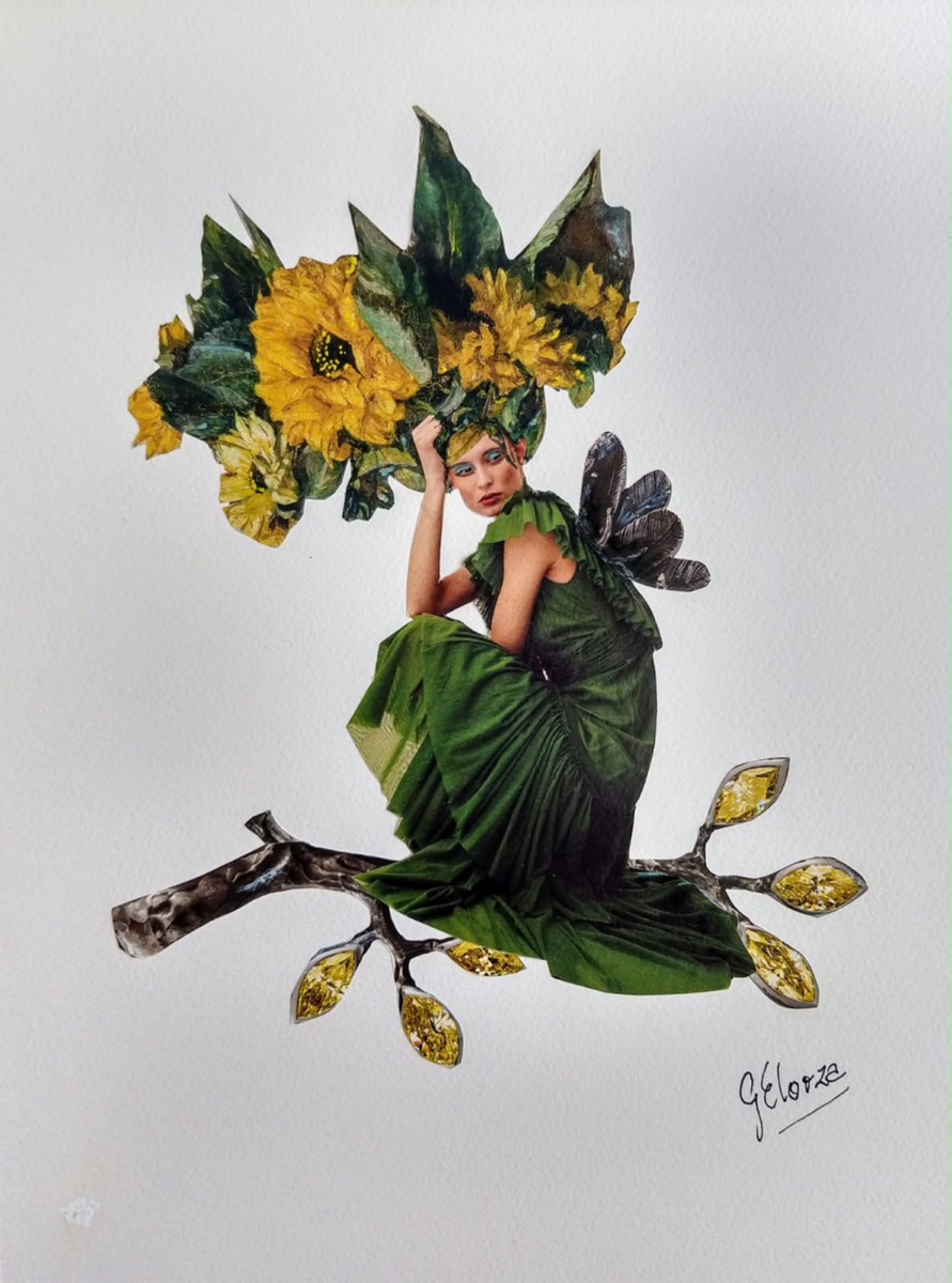 Figura con vestido verde y tocado de girasoles sentada en una rama