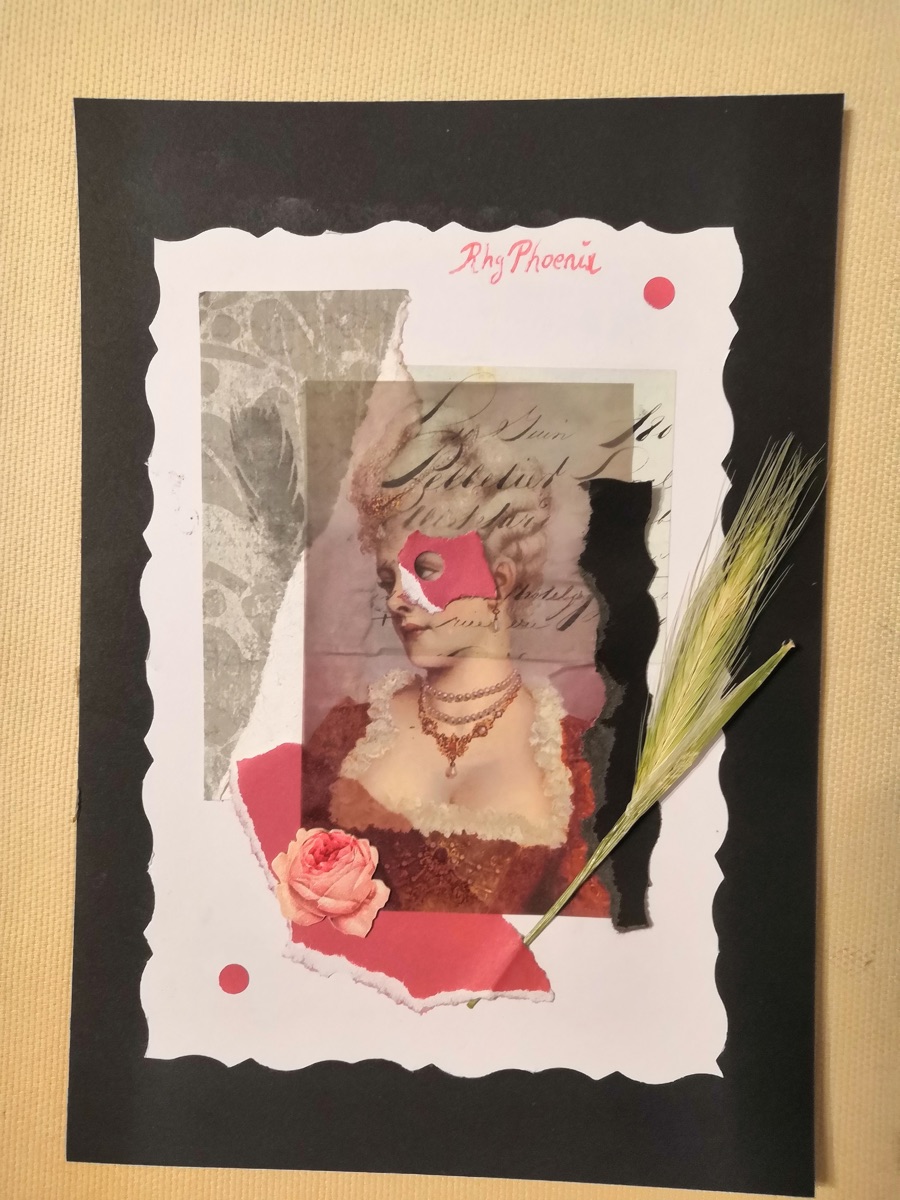 Collage con dama de época, antifaz rosa, rosa y espiga seca